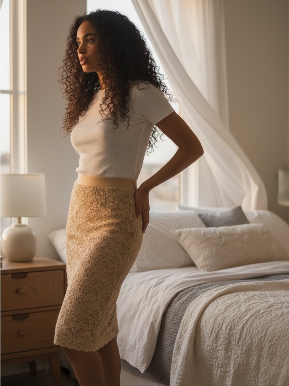 rosemunde copenhagen Lace Pencil Skirt in Beige